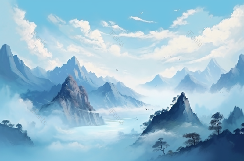 中国文化满山云朵中式蓝色水墨山水画,插画/手绘图,插画/手绘图库,插画/手绘图下载,插画/手绘